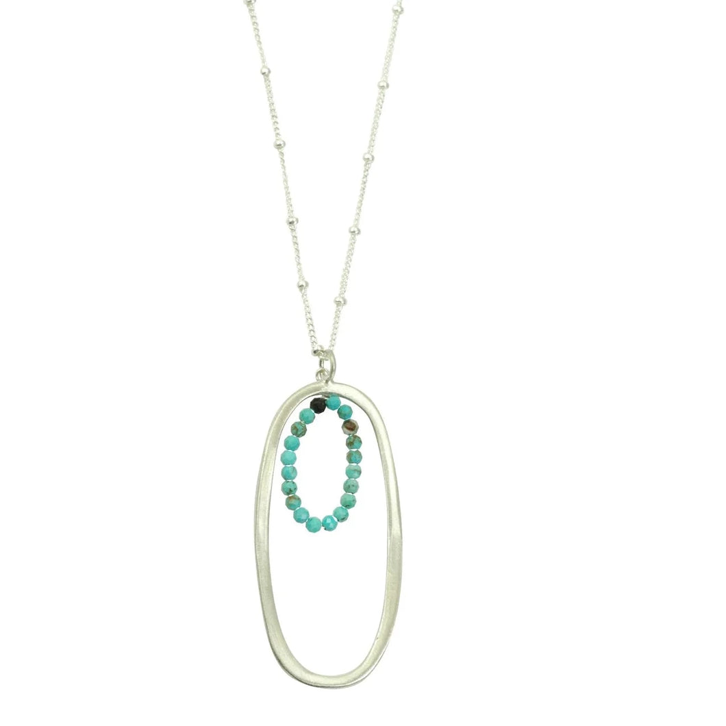 Sterling Silver Oval Pendant with Small Oval of Turquoise Nuggets