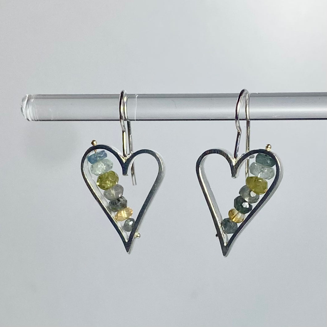 Sterling Silver Heart Earrings with Aquamarine, Citrine and Green Garnet