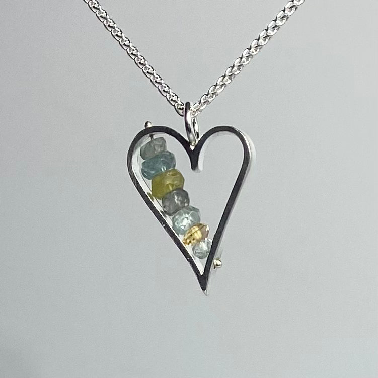 Heart Necklace with Aquamarine, Citrine and Green Garnet  Semiprecious Beads