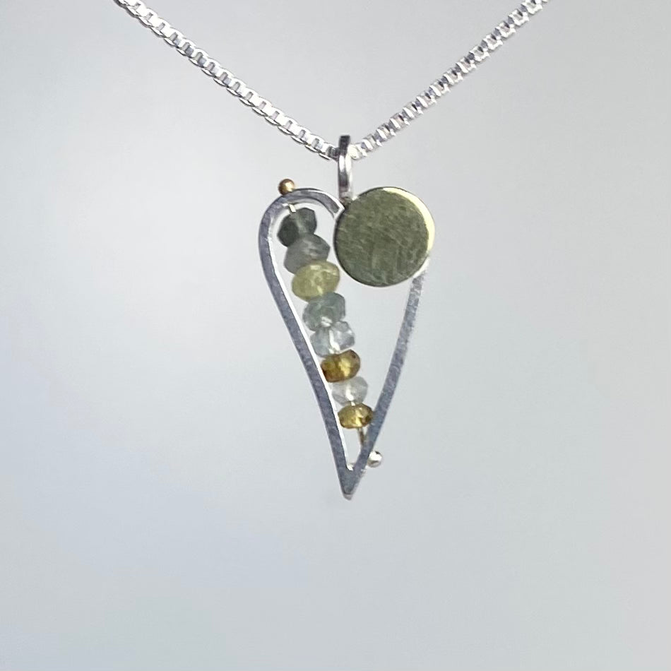 Skinny Heart Necklace with Bimetal Dot and Moss Aqua Gemstones