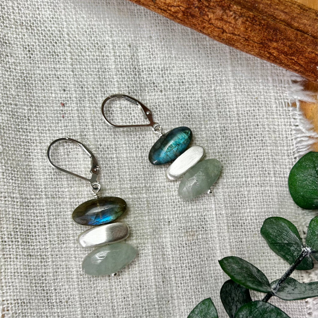 Ocean Earrings with Labradorite, Aquamarine and Sterling Silver Nuggets
