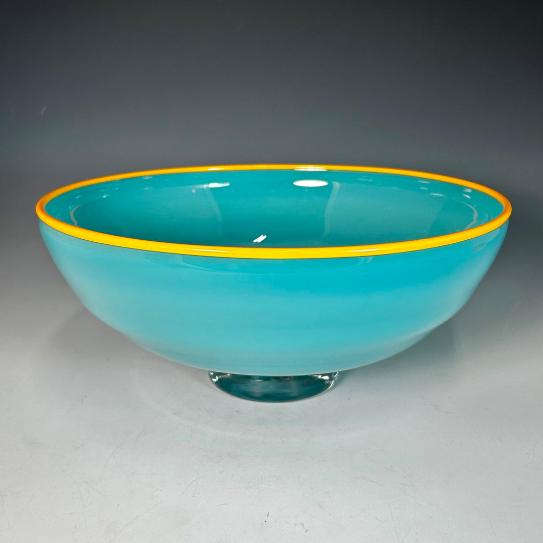 Turquoise with Orange Lip Wrap Low Bowl