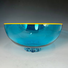 Load image into Gallery viewer, Translucent Turquoise with Orange Lip Wrap Low Bowl with Wave Foot
