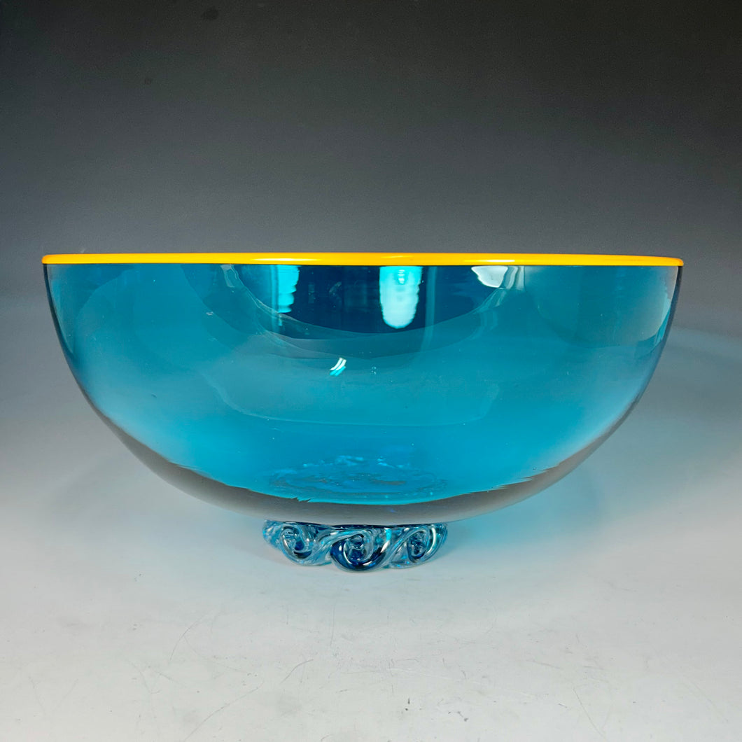 Translucent Turquoise with Orange Lip Wrap Low Bowl with Wave Foot