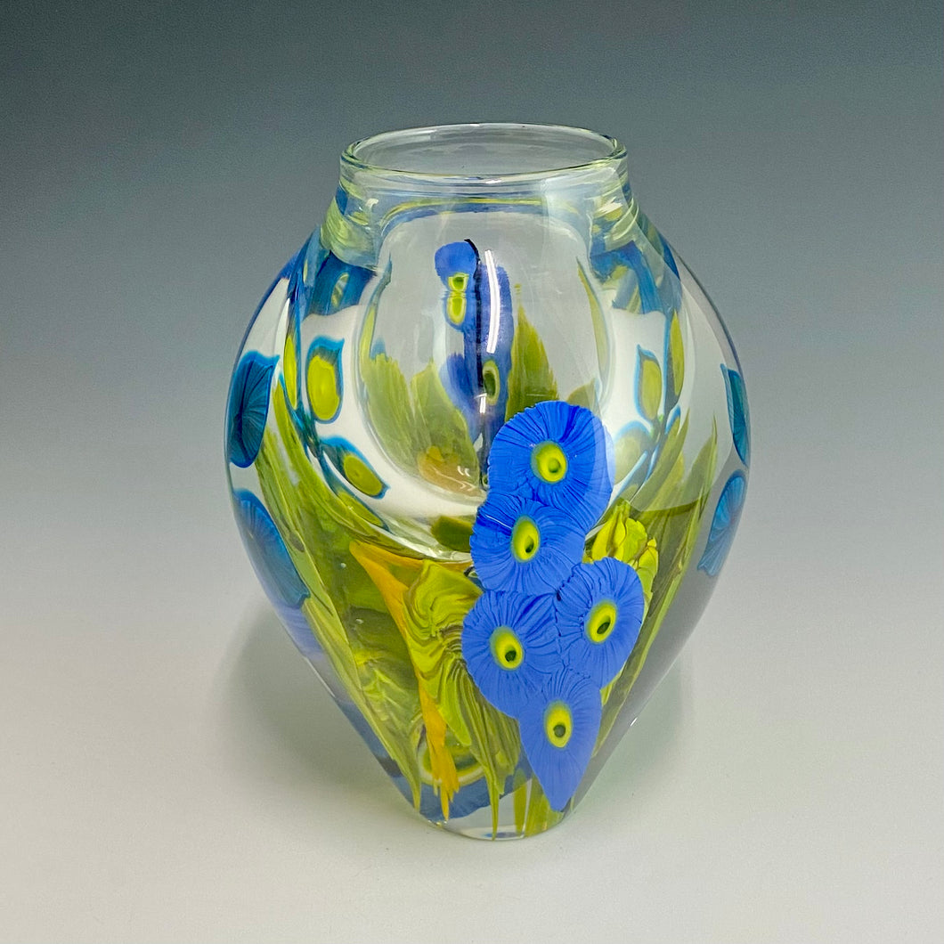 Mixed Bouquet Paperweight Vase with Blue Clematis and Periwinkle Blue Holly Hocks