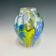 Load image into Gallery viewer, Mixed Bouquet Paperweight Vase with Blue Clematis and Periwinkle Blue Holly Hocks
