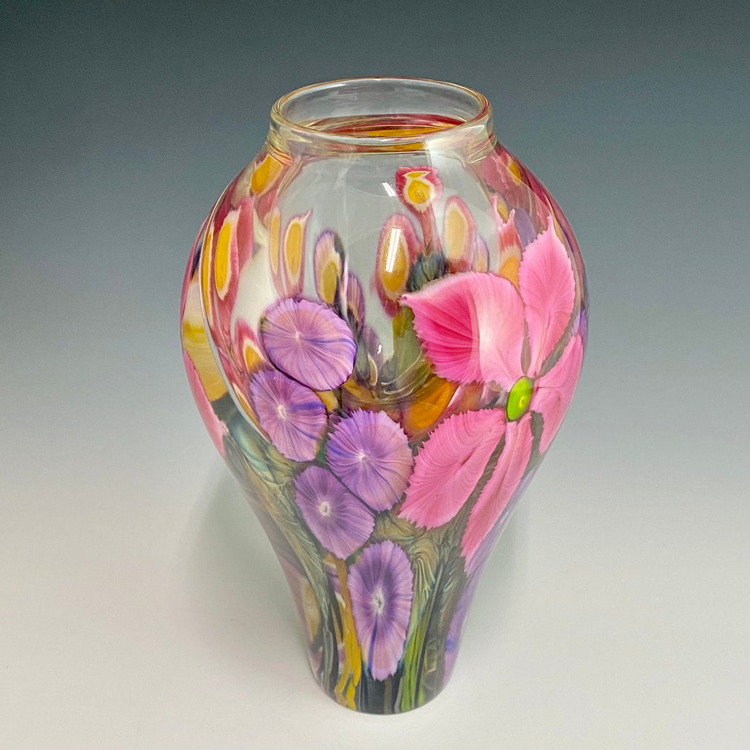 Mixed Bouquet Paperweight Vase with Pink Clematis and Purple Holly Hocks