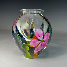 Load image into Gallery viewer, Mixed Bouquet Paperweight Vase with Pink Clematis and Blue Holly Hocks
