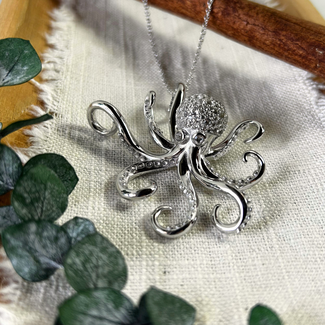 Large Sterling Silver and Pave CZ Octopus Pendant