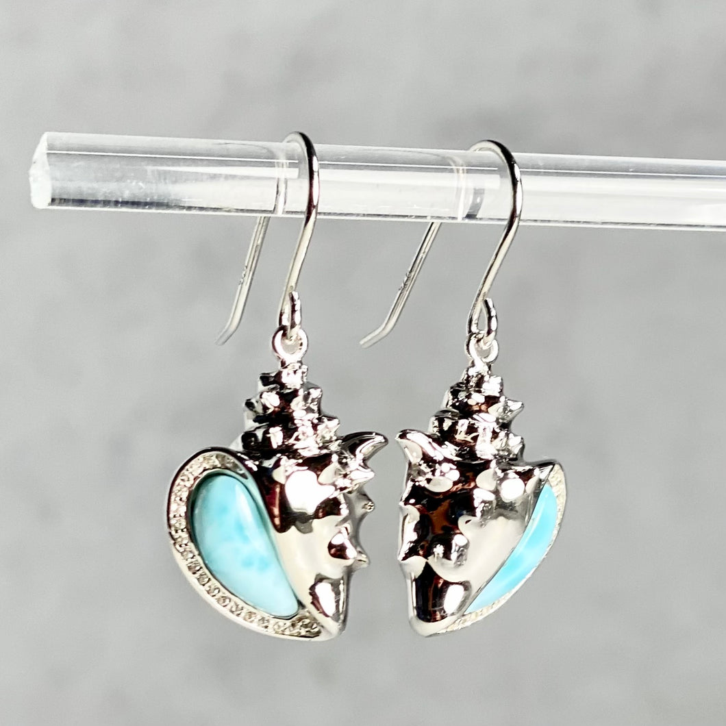 Sterling Silver Conch Shell Earrings With Larimar and CZ