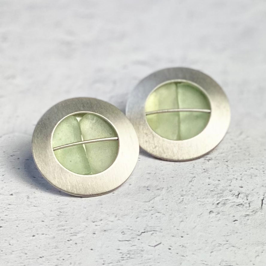 Sterling Silver Button Earrings with Sea Glass