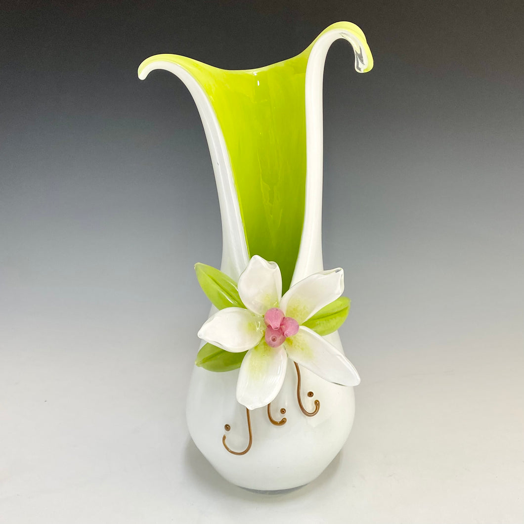 Tall White Split Vase with Lime Accents and Flower