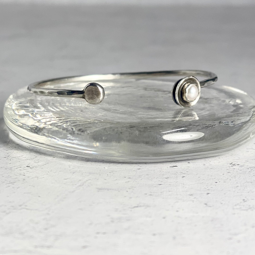Hammered Open Bangle with Bezel set Freshwater Pearl