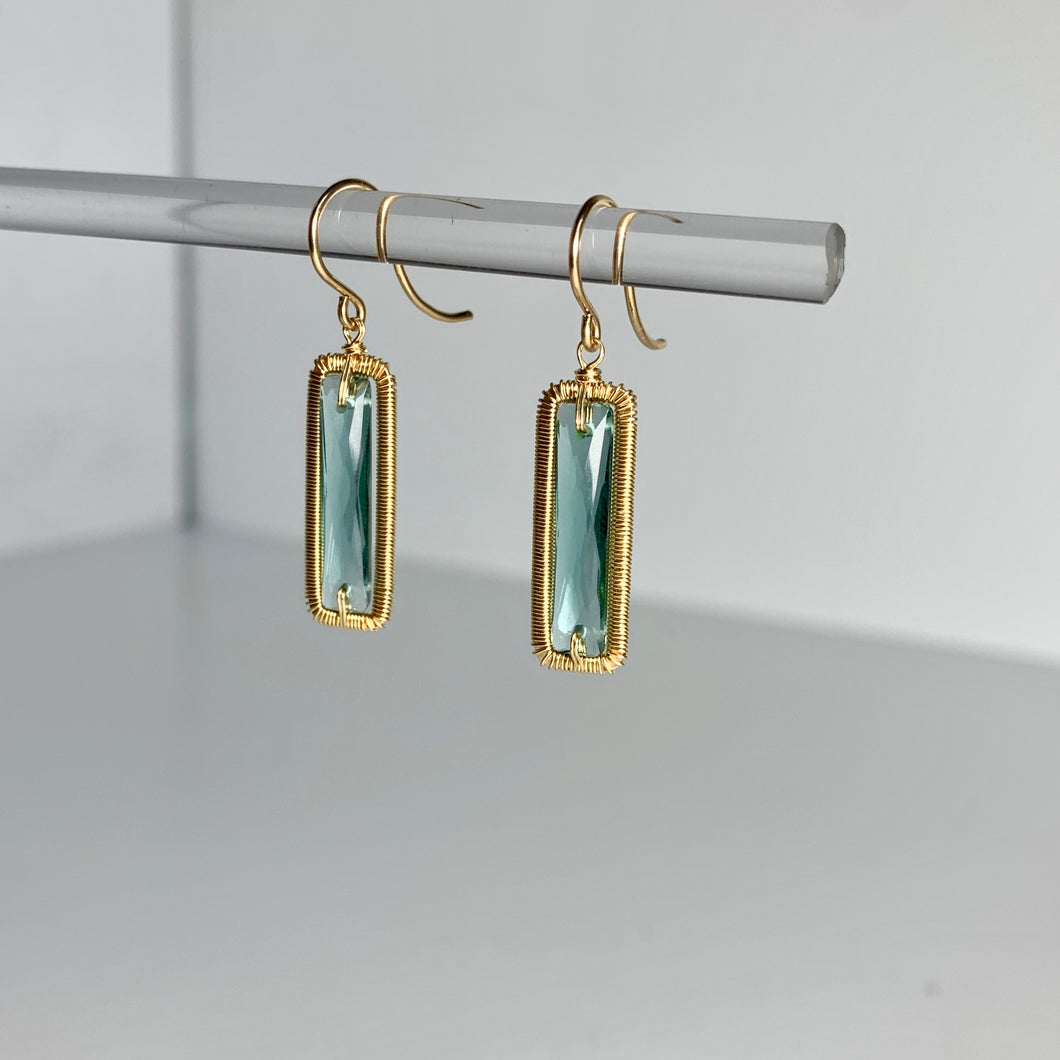 Teal Quartz and Gold Wire Rectangle Drop Earrings