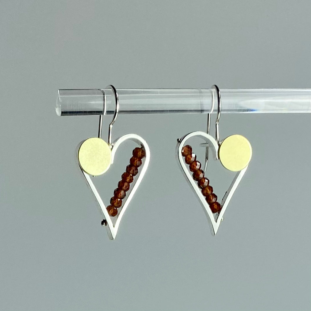 Heart Earrings with 18k Bimetal Dot and Garnet Semiprecious Beads