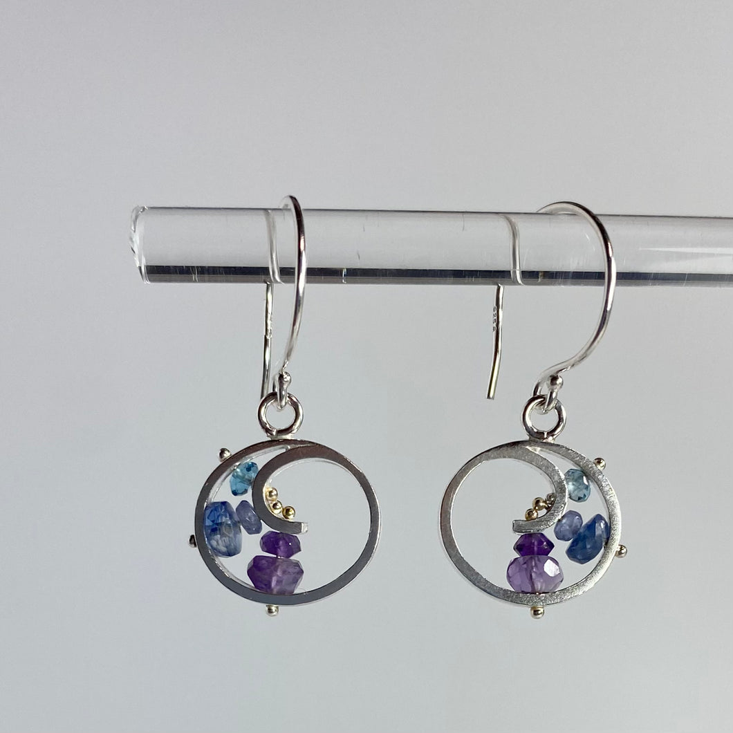 Mini Spiral Earrings with Aquamarine and Amethyst