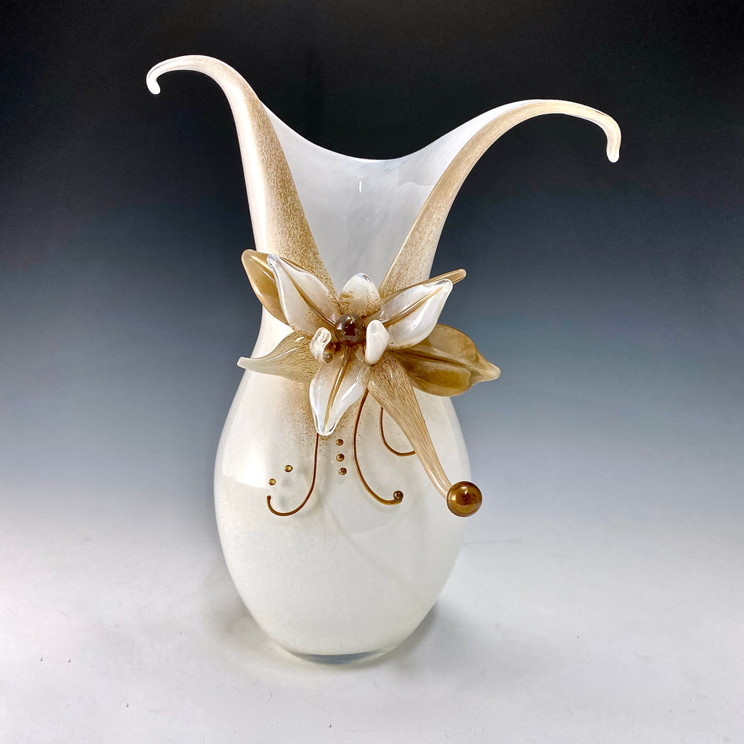 Split Dukeshire Vase - White and Beige with Flower - Large